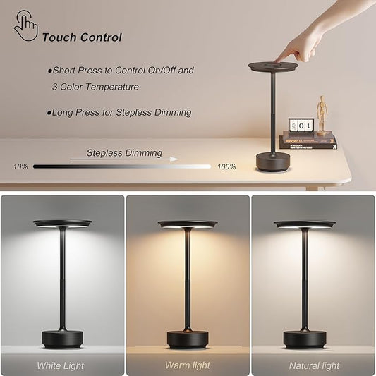 1 Pack Cordless Rechargeable Table Lamps, Portable 5000mAh Restaurant Table Lamp, 3 Color Stepless Dimming LED Table Light with Memory Function, for Outdoor/Dinner/Patio/Camping.(Black)