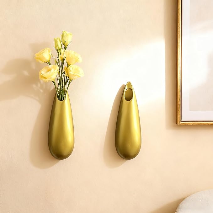 Sculptural Wall Ceramic Vase — 2 Pack Gold Hanging Sconce Vase | Turn Flowers into Art — Decorative Ceramic Wall Sconce for Single Stem Displays