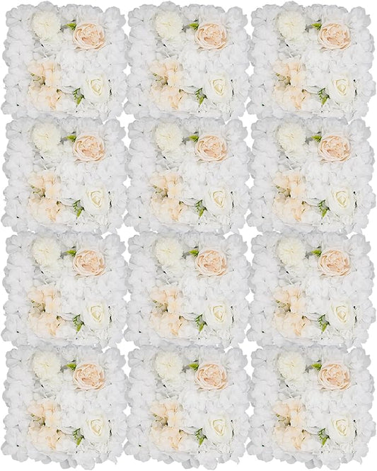 12Pcs Artificial Flower Wall Panel 3D Floral Backdrop Walls15 X 15" Flower Wall Decor Panel Flower Backdrop for Party Home Background Decor, White & Champagne