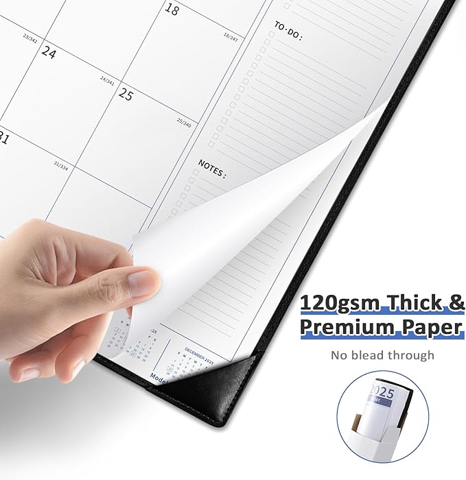 Ospelelf Large Desk Calendar 2025-2026 with Plastic Cover, 18 Months Planner Pad from January 2025 to June 2026, 22" x 17" PU Leather Wall Calendar for Home or Office, Black