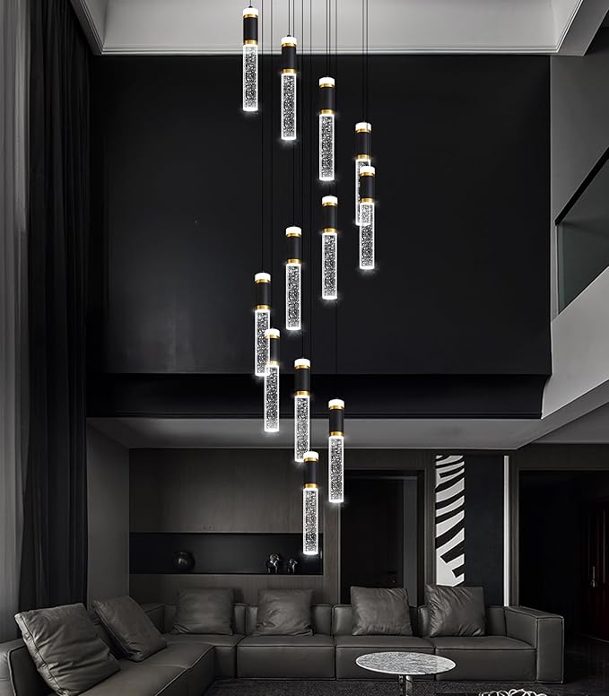 12-Lights Modern Crystal Chandelier for Staircase High Ceiling Chandeliers Large Spiral Bubble Pendant Lighting Hanging Light Fixture Flush Mount for Foyer Entryway