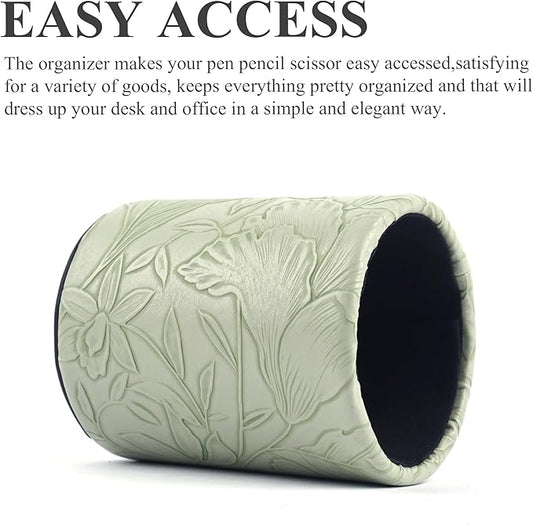 PU Leather Pen Holder Round Flash Makeup Brush Holder Desktop Pencil Storage Holder Gift for Desk Office Classroom Home(1-Carved Green)