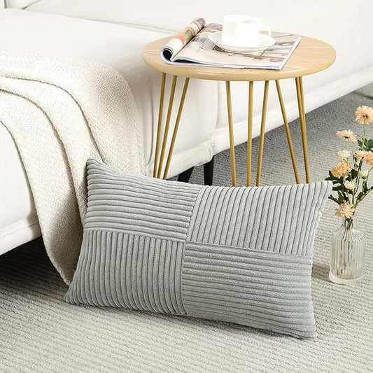 Fancy Homi 2 Packs Grey Lumbar Decorative Throw Pillow Covers 20x28 Inch for Living Room Couch Bed Sofa, Rustic Farmhouse Boho Home Decor, Soft Striped Corduroy Rectangle Accent Cushion Case 50x70 cm