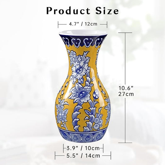 Blue and Yellow Ceramic Vase, 11" Tall Chinoiserie Vase in Wide Mouth, Royal-Inspired Vintage Flower Vases Decorative Vases for Home Decor, Table Centerpiece, Living Room, Dining Room, Entryways Decor