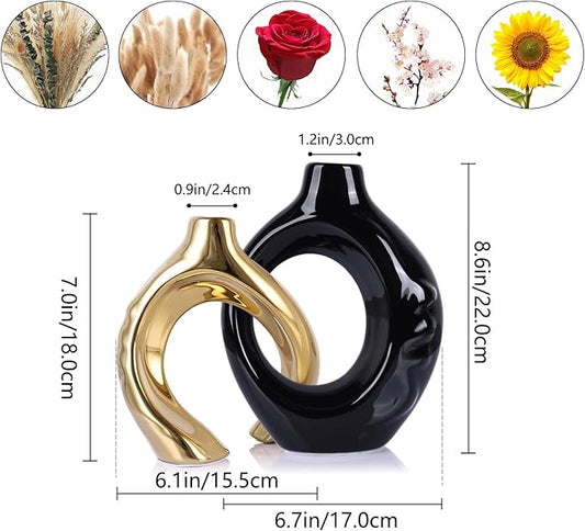LCCCK Boho Black and Gold Ceramic Vases for Home Decor - Small Hollow Donut Vases for Living Room Table Wedding Centerpiece