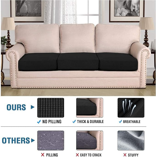 H.VERSAILTEX Super Stretch Individual Seat Sofa Covers Couch Slipcover Sets Thick Jacquard Textured Twill Fabric (3 Piece XL Cushion Covers, Black)