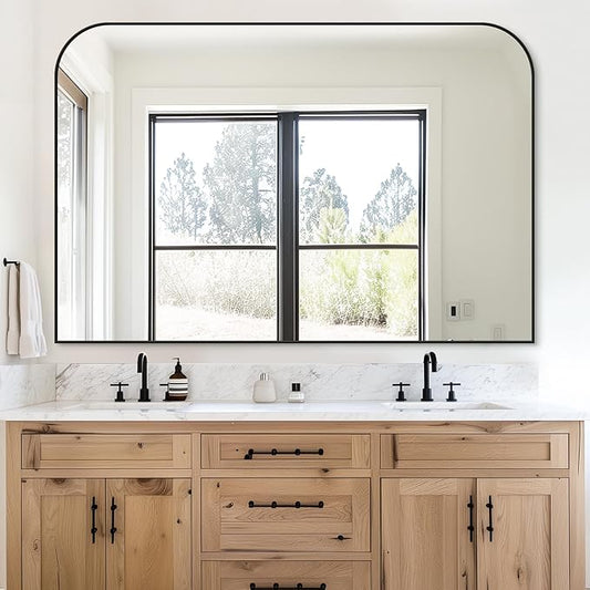 Bathroom Mirror, Wall Mirrors, Black Metal Framed Wall-Mounted Mirrors, Bathroom Vanity Mirror for Over Sink, Living Room, Bedroom, Entryway, 55x36 Inch, Black