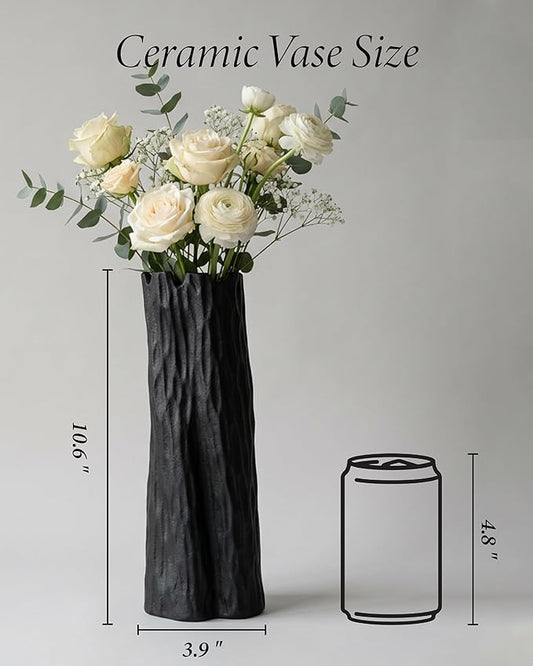 10.7 Inch Matte Black Flower Vase, Organic Nature Shape, OOSTONEE Nordic Modern Style Ceramic Vase, Shelf, Home, Living Room, Coffee Table Centerpiece, Black Vases Home Decor