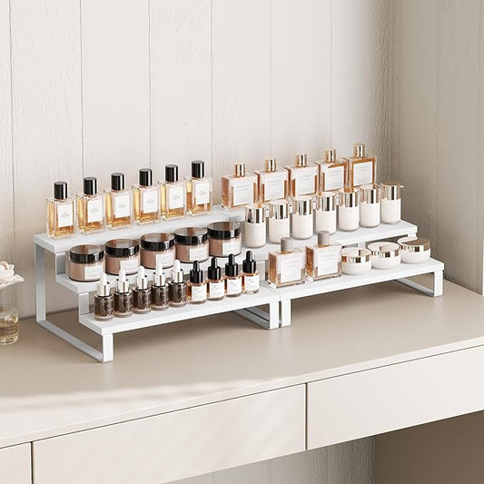 Spice Rack, Wooden Display Riser Stand, Set of 2, Vanity Display Stand, Perfume Organizer, Tiered Countertop Organizers, Space Saving, for Kitchen Spices,Syrup, Coffee Mugs, White SR03L2WW