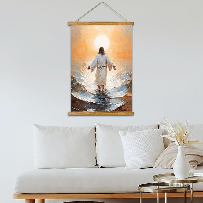 ABoby Jesus Walking on Water Poster, Christian Wall Art Framed, Bible Story Wall Decor Painting for Room Decor
