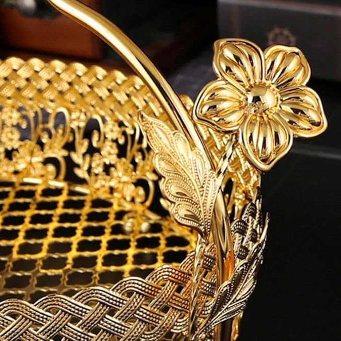Metal Fruit Basket 11x8 Inch - Gold Decorative Storage Organizer for Coffee Table,Rustproof Iron Wire Basket with Handle for Office/Living Room