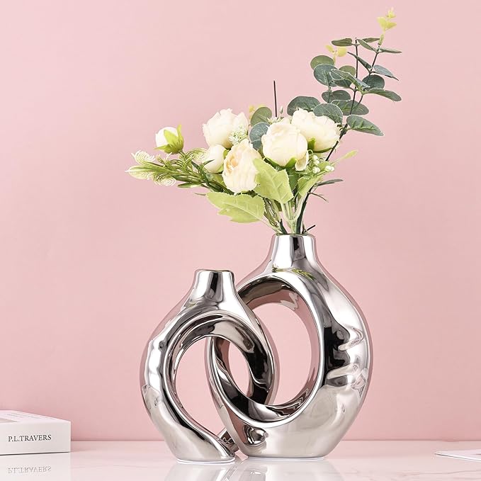 LCCCK Silver Ceramic Hollow Donut Vase – Boho Centerpiece for Living Room, Table & Wedding