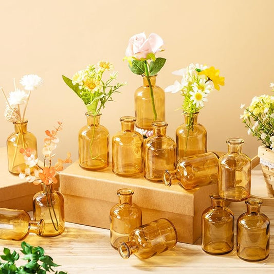 Lallisa 15 Pcs 4 Inches Small Glass Bud Vases Bulk Mini Flower Vases for Centerpieces Decorative Glass Bottles Vintage Rustic Decoration for Wedding Dining Table Home Decor (Amber)