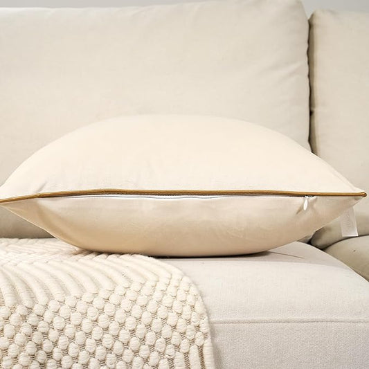 Aeckself Pack of 2 Cream White Velvet Lumbar Pillow Covers, Modern Luxury Decorative Pillowcase with Gold Trim Edge, Comfortable Soft Solid Cushion Case for Couch Bedroom Living Room 12 x 20 Inch