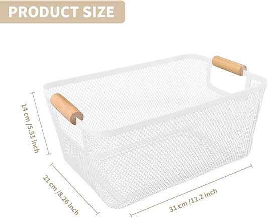 2Pack Metal Mesh Steel Basket with Bamboo Handle - Wire Metal Basket for Kitchen Organization, 12" Wide Food Organizer Bin, Perfect for Organizing Bulk Pantry (WHITE)
