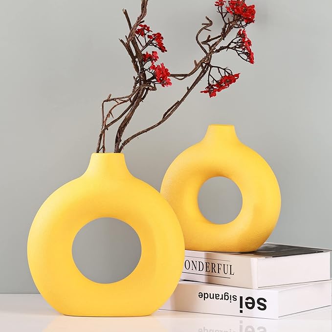 Yellow Vase Decor Donut Vase Set of 2 - Circle Hollow Vases, Modern Matte Ceramic Vases for Entryway Living Room Bedroom Dining Table Centerpiece Office Home Decor