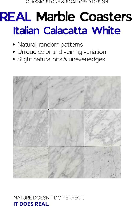 Marble Coasters Set of 4 - Natural Stone Coaster for Drinks, Modern Cup Holders, Bar Coffee Table Desk Decor, Cool Home Decor 4" (Calacatta White, Scalloped Square)