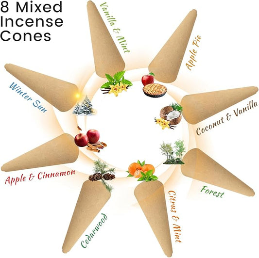 STRN Incense Cones 120 Scented Cones for All Seasons, Assorted Cone Incense Scents with Incense Holder, Vanilla Mint Coconut Cedarwood Apple Pie Forest Citrus Cinnamon
