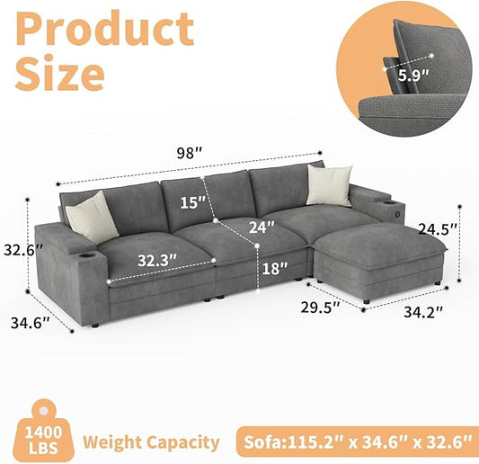 115" L Shaped Cloud Sofa Couch with Ottoman, Storage Armrest, Cup Holders, USB & Type-C Ports, Spring Cushions, Solid Wood Frame, Chenille Modular Sectional for Living Room (Dark Gray-L-115.2")