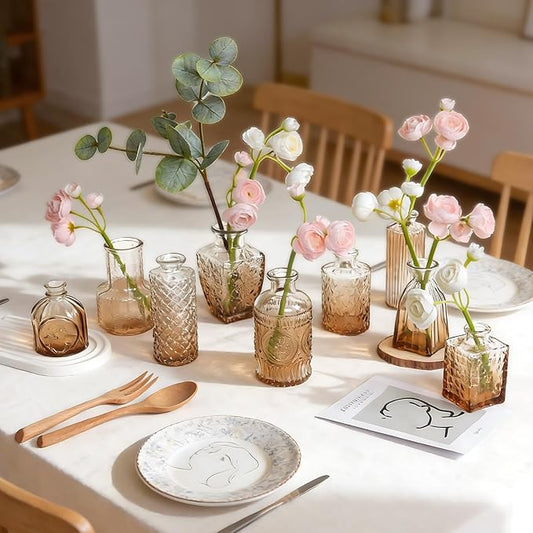 Vintage Gradient Amber Glass Bud Vase in Bulk 12, Rustic Small Flower Vases Set for Table, Mantel, Centerpieces, Wedding, Decorative Embossed Mini Vase Bottles for Home, Party, Baby Shower