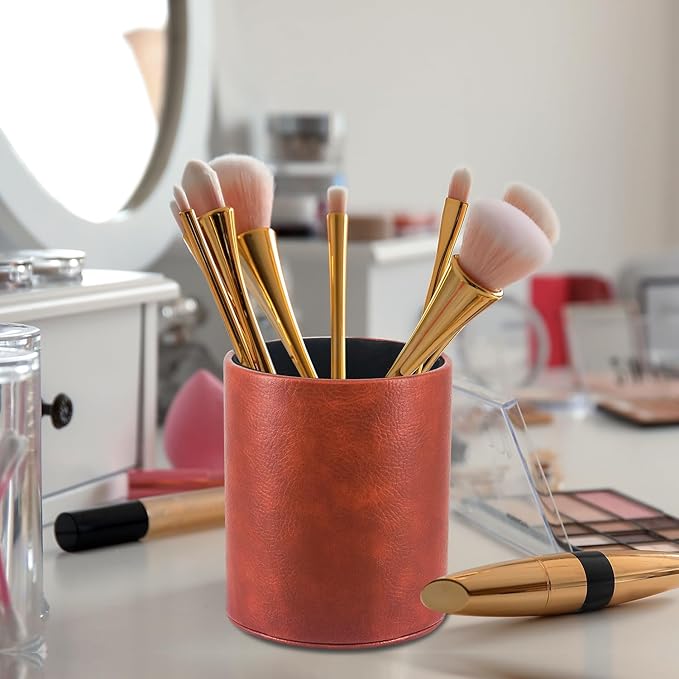 PU Leather Pencil Pen Holder Cup Stand,Desk Accessories Holder,Makeup Brush Storage Organizer,Desktop Stationery Organizer for Office School Home Supplies (Brown)