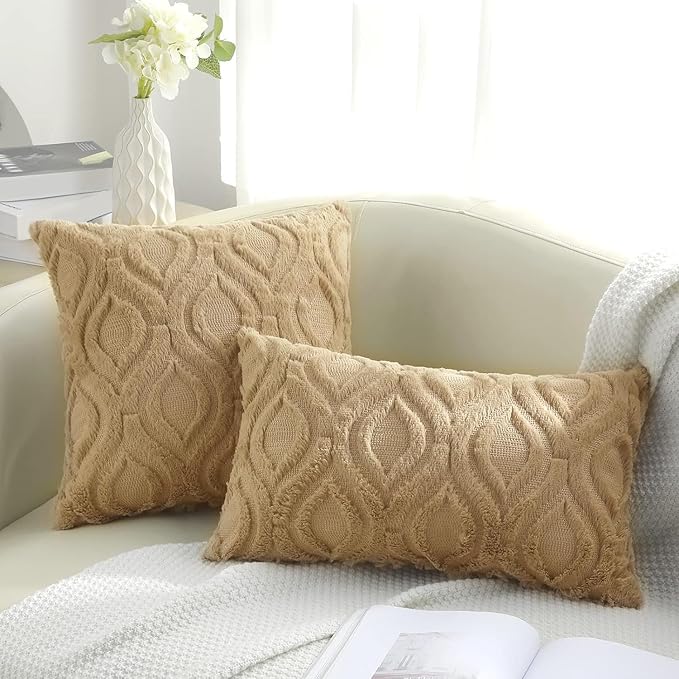 decorUhome Spring Euro Sham Throw Pillow Covers 24x24 Inch Set of 2, Soft Plush Faux Wool Khaki Solid Couch Pillow Covers, Accent Farmhouse Neutral Square Pillow Cases for Sofa Bed Living Room