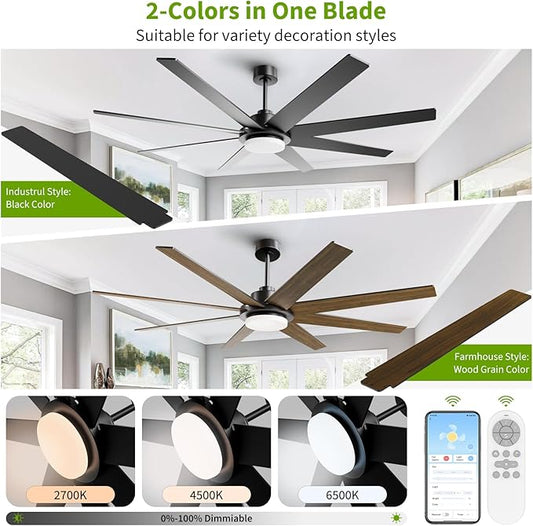 72 Inch Ceiling Fans with Lights and Remote APP Control, Outdoor Indoor Black LED Big Ceiling Fan Reversible 24db Quiet, 6 Speed 3CCT Dimmable,Modern Ceiling Fan for Patio Living Room Farmhouse Garage