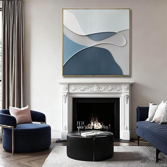 LEVERUP Blue Painting Artwork Canvas Abstract Wall Art Posters for Room Aesthetic Grey Wall Decor for Living Room Bedroom Hotel 36×36 Inch Easy To Hang