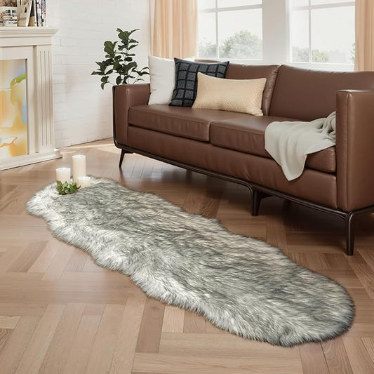 Ciicool Ultra Soft Faux Sheepskin Fur Rug Fluffy Rug for Bedroom Fuzzy Carpet for Living Room Kid's Room Nursery Decor, White Gradient Sliver Black 2 x 6 Feet
