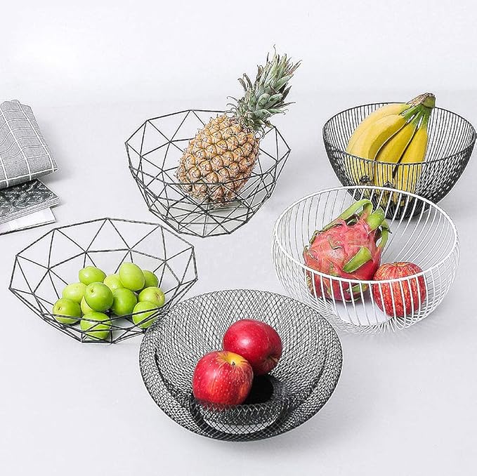 IBWell Geometric Metal Wire Fruit Bowl, Iron Arts Fruit Storage Baskets for Kitchen Counter (Black, Normal)