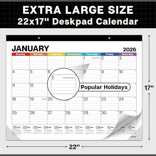 Dunwell 2026 Desk Calendar 22x17, Large Monthly Desk Blotter or Hanging Wall Calendar, Colorful Design, Jan–Dec 2026, Lined Daily Blocks, Easy to Read