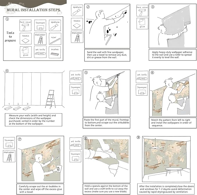 AFZEVEB-Vintage Animal Wallpaper Cartoon Aircraft Map Wall murals for Kids Room 136"x96"(Not Peel and Stick)