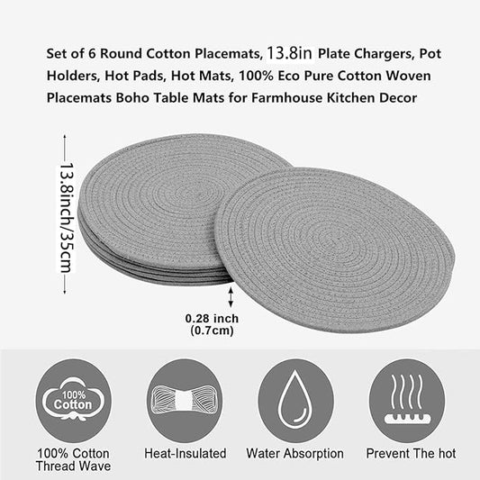 6Pcs Woven Placemats, Gray Cotton Rope Woven Vintage Place Mats, 13.8 Inch Round Plate Chargers Wicker Tablemats Farmhouse Boho Braided Heat Resistant Outdoor Placemat for Patio Table Decor