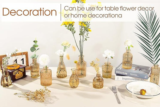 Gold Amber Glass Bud Vases Set of 12, Small Vases for Flowers, Champagne Mini Vintage Vases for Centerpieces,Bud Vase in Bulk for Wedding Decor,Single Flowers,Office and Home Table Flower Décor
