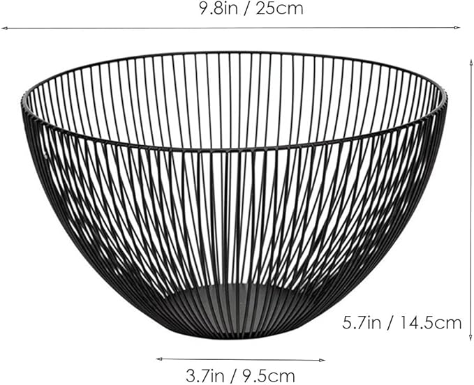 Metal Wire Fruit Basket, Black Fruit Vegetable Bowl for Kitchen Counter, Round Produce Storage Basket for Veggie Snack (Round A)