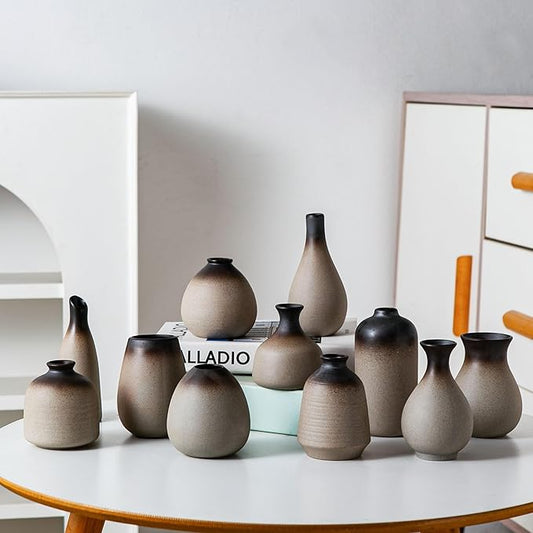 Tanvecle Rustic Ceramic Bud Vase Set of 11, Small Vases for Pampas Grass, Flowers, Modern Farmhouse for Home Decor, Vintage Decor, for Living Room, Dining Table & Shelves