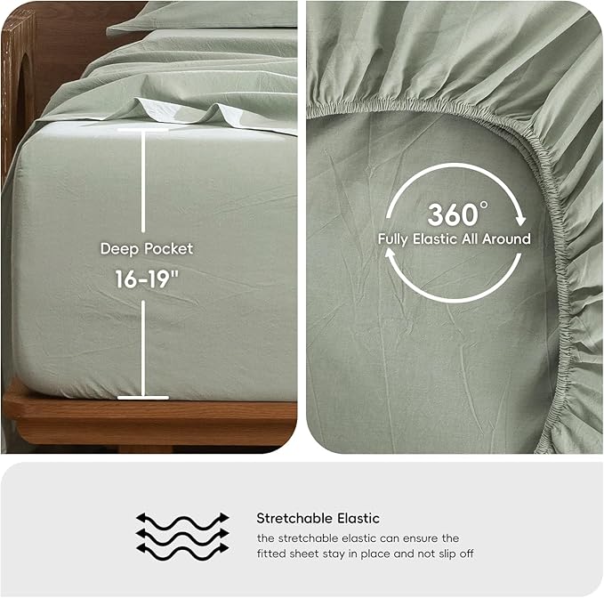MooMee Bedding Sheet Set 100% Washed Cotton Linen Like Textured Breathable Durable Soft Comfy (Heathered Sage Green, Queen)