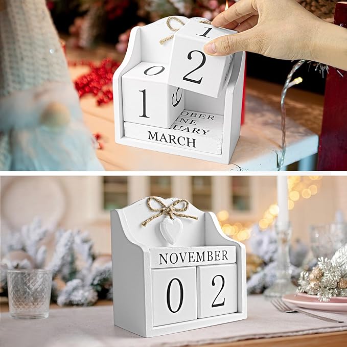 Rustic Wooden Desk Calendar - Adjustable Perpetual Cube (5.7x5.9in), White European-Style for Home Office Decor, Photography Prop