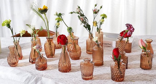 Amber Glass Bud Vases -Set of 20 for Flowers, Small Amber Bud Vases in Bulk for Centerpieces Decor, Mini Glass Set for Home Table Decorations