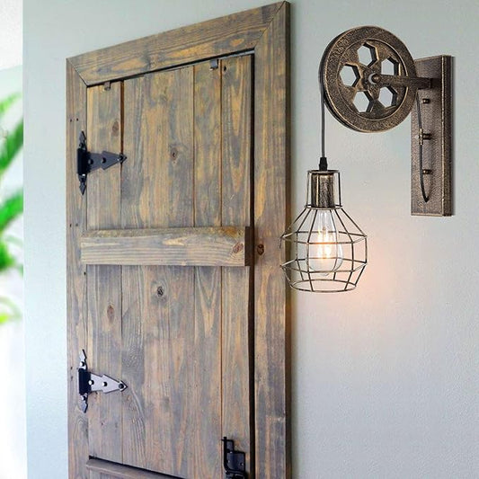 1 Light Fixture Industrial Mid Century Retro Iron Wall Lights Lift Pulley Wall Lamp Features The Matte Iron Cage Lamp Shade for Indoor Lighting Barn Restaurant(Bronze Color)
