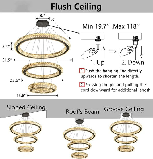 3 Rings Chandelier Modern Dimmable High Ceiling Large Ring Chanderliers Entryway Crystal Pendant Lights for Entryway Foyer Living Room Black Light