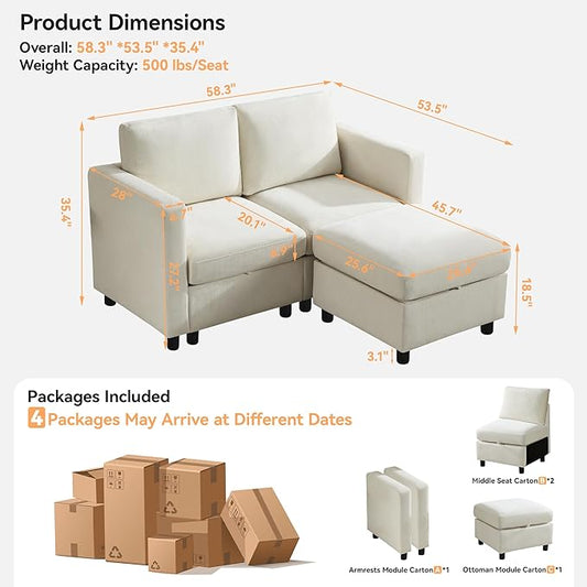 58”Modular Sectional Loveseat Sofa with Storage, Comfy Office L Shaped Sofa Couch, Chenille Love Seat Modular Sectional Couch with Movable Ottoman for Living Room, Bedroom, Beige