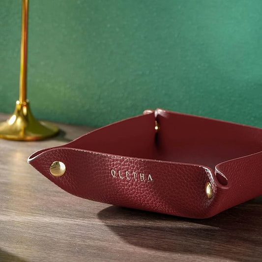 OLETHA Small Foldable Valet Tray - Aesthetic Desk Organizer for Home, Office & Travel - Portable Catch All Bowl for Keys, Jewelry & Essentials - Red