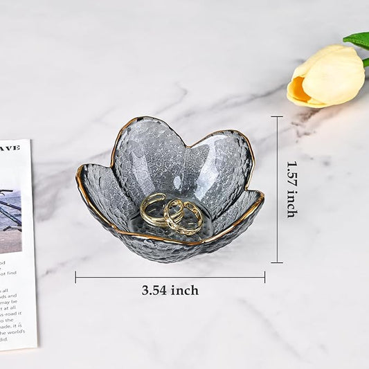 Koythin 2-Piece Glass Jewelry Tray, Small Trinket Holder for Necklace Bracelet Earring, Ring Holder for Bathroom, Aesthetic Trinket Dish, Flower Nightstand Decor for Girl Mom Women (Grey)