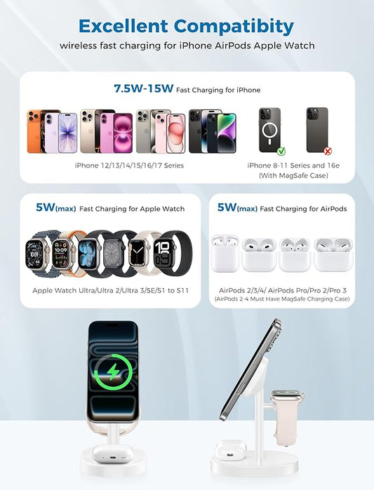 2025 3 in 1 Wireless Charging Station for Apple MagSafe Charger, 15W Fast Mag-Safe Charger Stand for iPhone 17 16 15 14 13 12 Apple Watch AirPods Compatible with MagSafe, White
