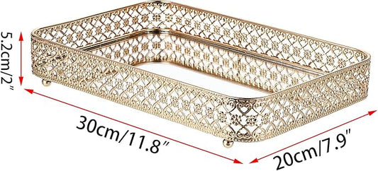 ELLDOO Perfume & Makeup Vanity Tray - Hollow-Carved Jewelry Storage, Glass & Metal Trinket Organizer for Dresser & Bathroom Countertop, Gold, Medium Size