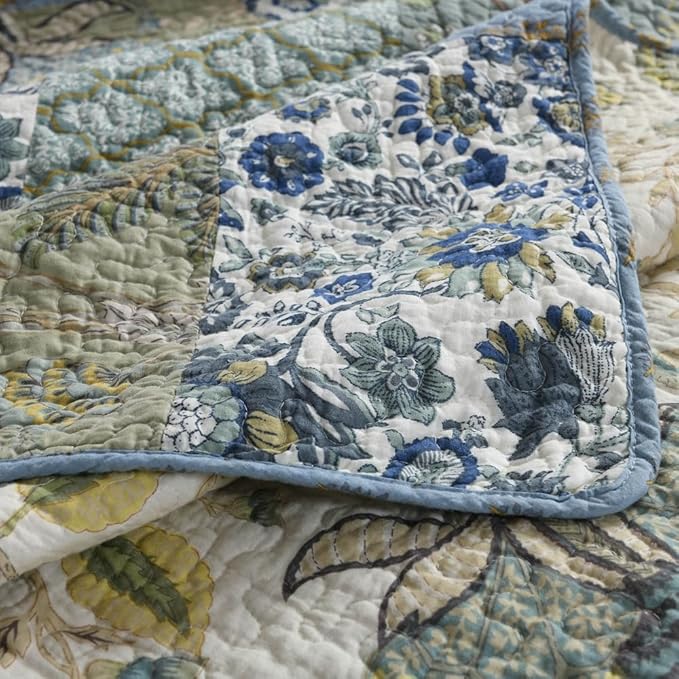 Cotton Bedspread Quilt Sets Reversible Bedding Coverlet Sets 3 Pieces Vintage Floral Patchwork Paisley Green Rustic Bedspread, Queen Size