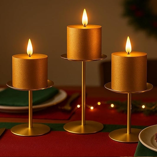 smtyle Gold Metal Cast Iron Candleholder Sets for Pillar Candles, Set of 3 Wedding Table Centerpiece Candle Holders, Minimalist Farmhouse Decor for Fireplace Mantel & Dining Room