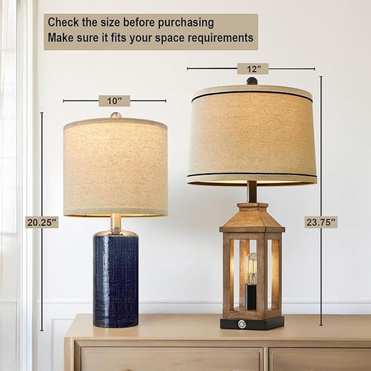 20.25" Small Table Lamps Set of 2 Modern Ceramic Lamps for Living Room Farmhouse Bedside Lamps Boho for Night Stands Bedroom Lamps Side Table Lamps End Table Lamps, Blue