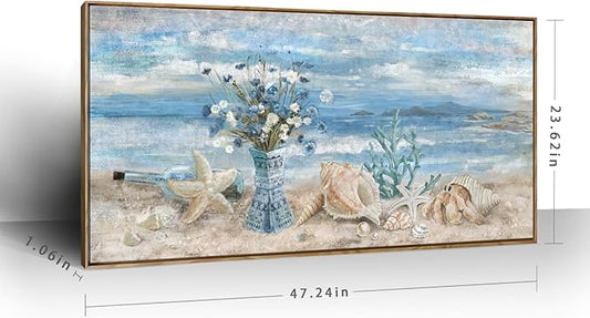 Framed Wall Art for Living Room Blue Ocean Seaside Landscape Beach Picture Coastal Canvas Print Abstract Seascape Painting Daisy Flower in Indian Vase Sea View Artwork for Home Decor 48" W x 24" H